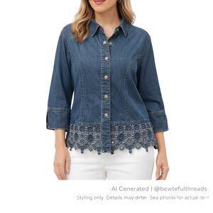 Boho Artisan Denim Jacket XL Cutwork Lace Hem Festival Coastal